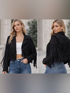 PrettyGarden Black Fringe Jacket Womens Small Boho Western Cropped Tassel Coat